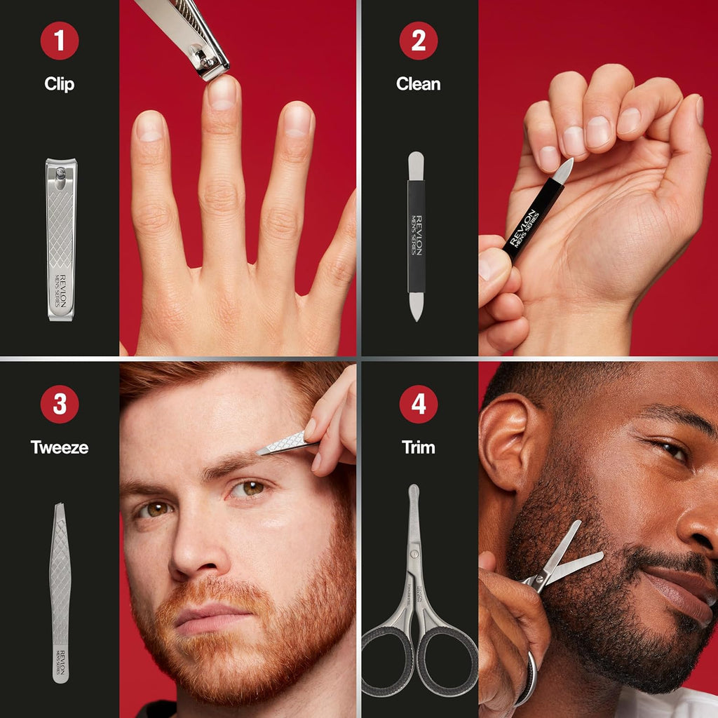 Revlon Men's Grooming Kit, 5-Piece Travel Essentials Set, Includes Nail Clippers, Scissors, File, Tweezers and Carrying Case, Stainless Steel, 1 count