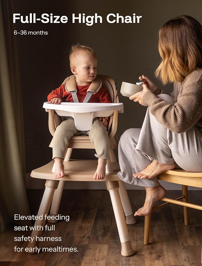 HARPPA 6 in 1 Baby High Chair, Convertible Infant Feeding Chair for Babies & Toddlers Table, Dining Booster Seat with Removable Tray, Khaki-BubblyBeeBaby