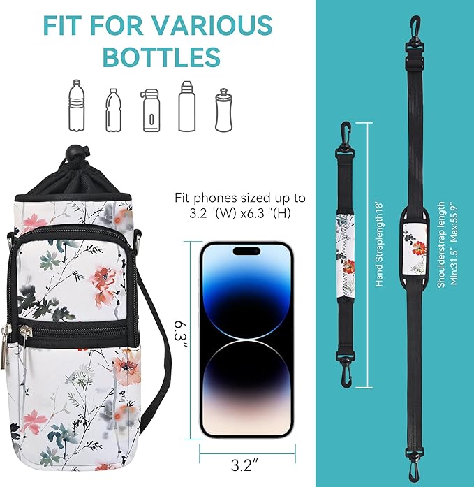 icolor Water Bottle Carrier Bag with Strap 25/32/40 oz Crossbody Bottle Holder with Phone Pocket Sling Sleeve Insulated Neoprene Water Bottle Pouch for Walking Travelling-BubblyBeeBaby