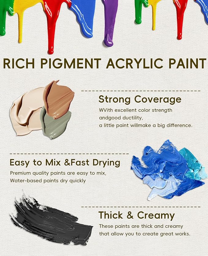 24 Colors Acrylic Paint Set, 2oz Bottles Classic Color, Rich Pigmented Canvas Paint Set, Premium Non-toxic Acrylic Paint for Artists, Kids & Adults, Art Supplies for Canvas Painting Rocks Wood Ceramic Model with 10 Brushes & Palette-BubblyBeeBaby