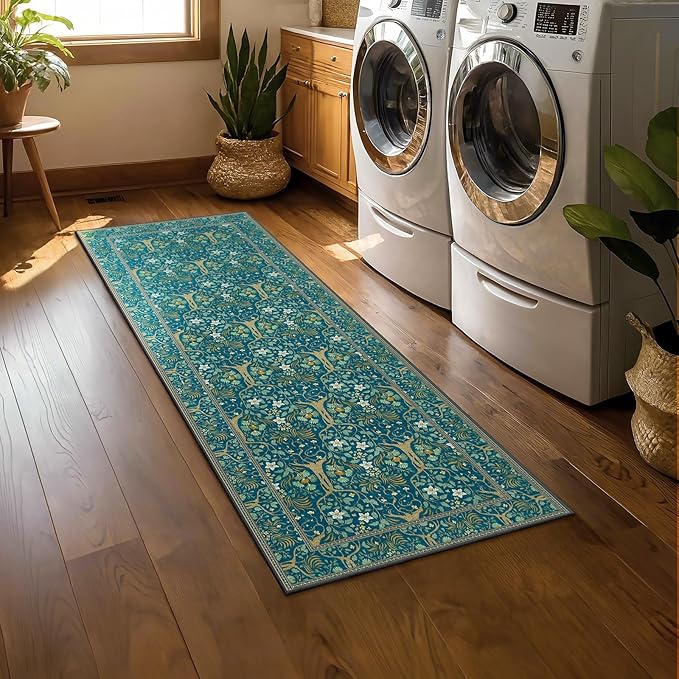 Joydeco Washable 2x6 Rug Runners for Hallways Non Slip, Boho Floral Bathroom Rug Runner, Soft Botanical Forest Indoor Floor Throw Carpet for Kitchen Laundry Room Entryway, Dark Blue-BubblyBeeBaby