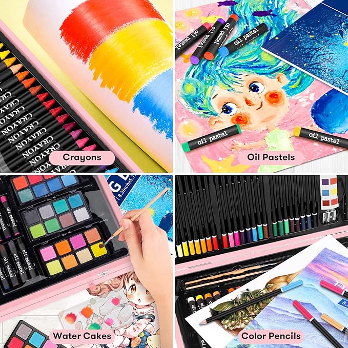 iBayam Arts and Crafts Gifts for Kids 6-14 Year, Teens Girls Christmas Gifts, 150-Pack Art Set Kits with 2 Sketch Pads, Coloring Book, 24 Colored Pencils, 24 Oil Pastels, 24 Watercolor, 60 Crayons-BubblyBeeBaby