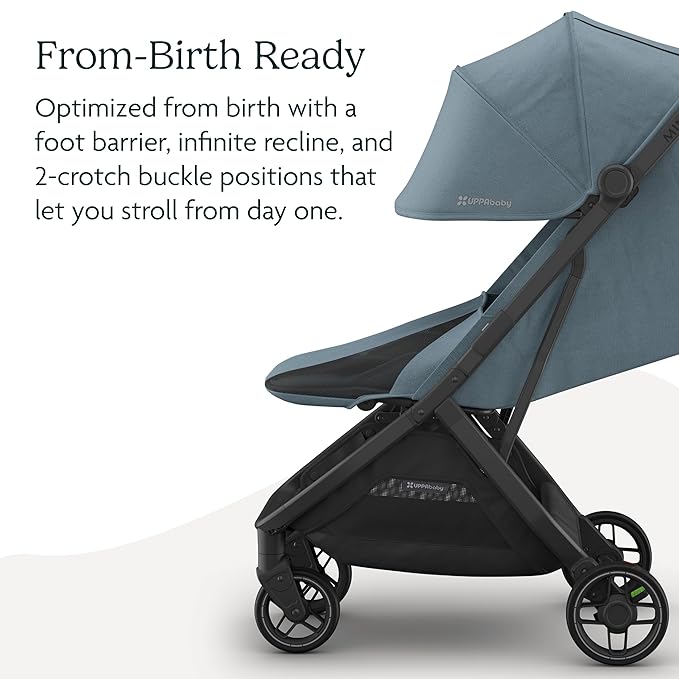 UPPAbaby Minu V3 Travel Stroller | Lightweight + Compact Design | One-Hand Fold + Unfold | from Birth + Overhead Compatible | Dillan (Stone Blue/Carbon Frame/Sand Leather)-BubblyBeeBaby