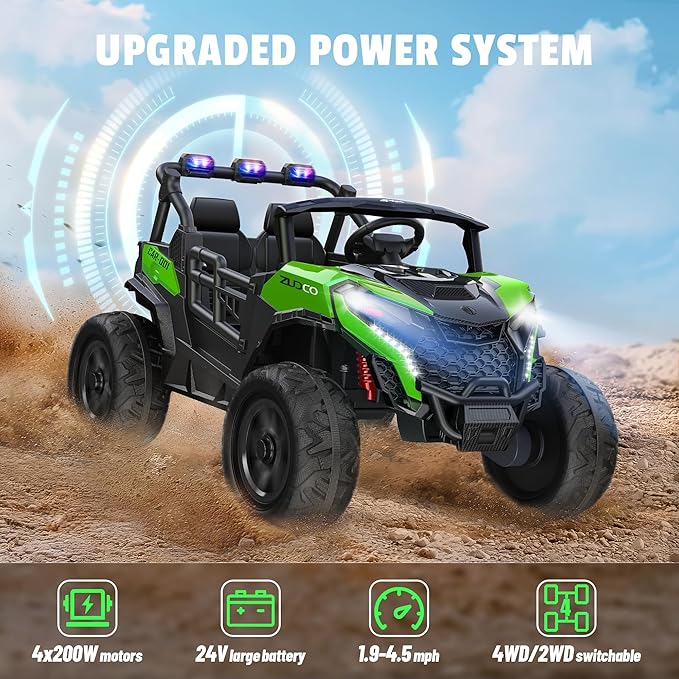 24V 2 Seater Ride on Car Truck, 4x200W, EVA Tires, Remote Control, 4WD/2WD, Rainbow Lights, Shock Absorbers, Bluetooth, Ride On UTV Toy for Kids Ages 3-8, Green-BubblyBeeBaby