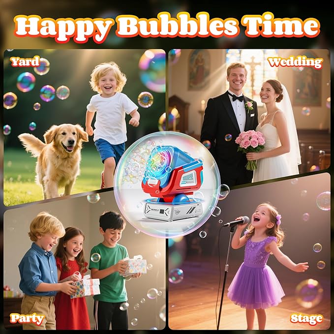 2025 Upgraded Bubble Machine with Remote Control, Automatic Rotation & RGB Lights, 1800mAh Rechargeable Battery, Type-C Charge, Bubble Maker for Kids, Weddings, Birthday Parties, Outdoor Activities-BubblyBeeBaby