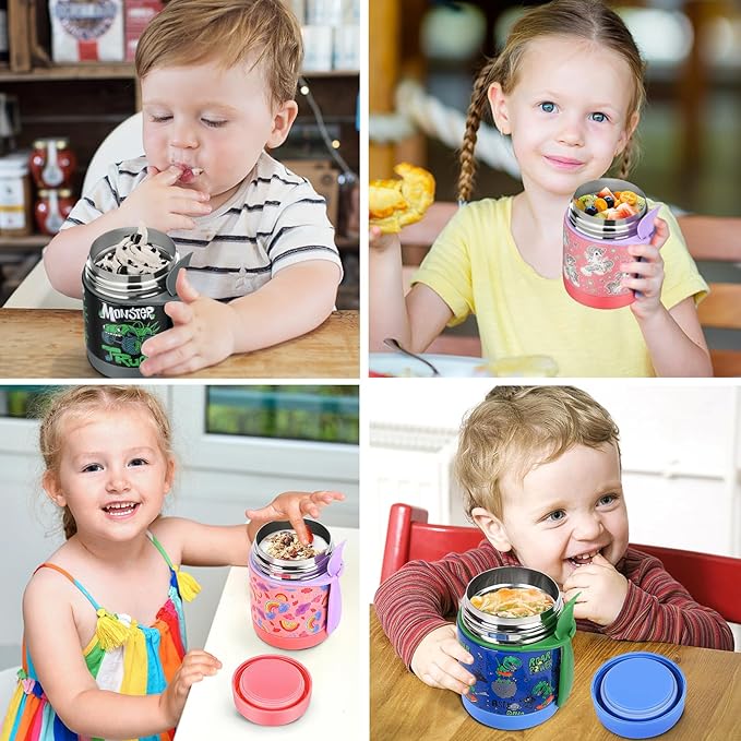 10oz Soup Thermo for Hot Food Kids,Lunch Thermo Kids Food Jar with Spoon Hot Insulated Food Containers,Leak Proof Stainless Steel Wide Mouth Lunch Food Thermo Jar for School(Pink-Rainbow)-BubblyBeeBaby