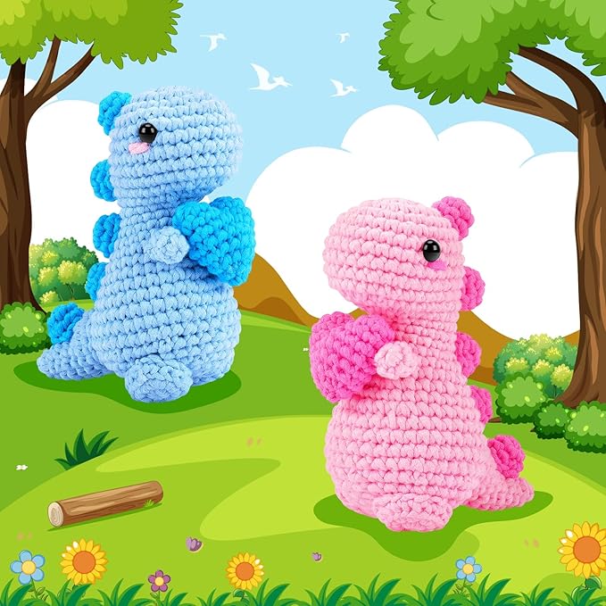 Heart Dinosaurs Crochet Kit for Beginners - 2PCS Blue and Pink Dinosaurs Crochet Kit with Step-by-Step Video Tutorials, Dinosaur Crochet Starter Kit for Adult Kid, Crochet Stuffed Animal Knitting Kit-BubblyBeeBaby