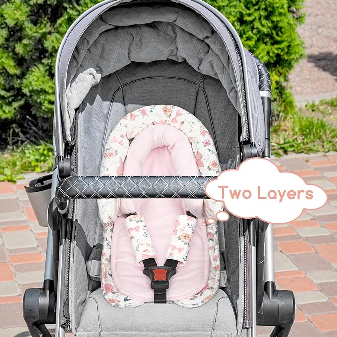Baby Car Seat Head Support for Newborn, GFU 2 in 1 Infant Car Seat Head Body Support with Strap Pads, Soft Stroller Cushion Pillow Insert for Girls, Fits for Stroller, Swing, Pink Floral-BubblyBeeBaby