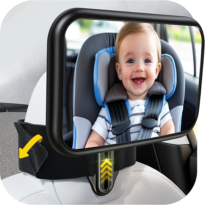 Fixed Headrest Car Mirror for Baby Rear Facing Fit Tesla Shatterproof Baby Mirror for Car Back Seat 360° Wide Clear View Never Shake Crash Tested Stable Velcro Strap Newborn Baby Essentials-BubblyBeeBaby