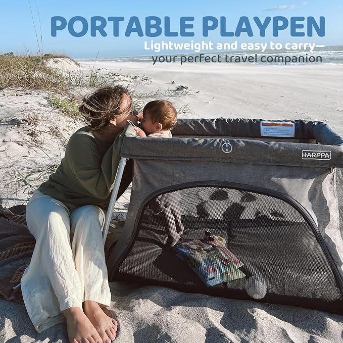 HARPPA Travel Crib with Comfy Mattress, Lightweight Portable Crib Requires No Assembly, Foldable Pack and Play for Baby and Toddlers, Compact Play Yard with Bed,Gray-BubblyBeeBaby