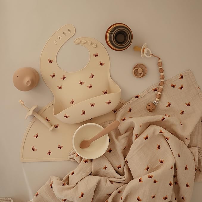 mushie Silicone Baby Bib | Adjustable Fit Waterproof Bibs (Butterflies)-BubblyBeeBaby