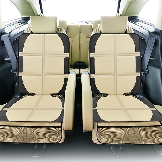Car Seat Protector for Child Car Seat, 2 Pack Baby Car Seat Covers with Mesh Pockets & Non-Slip Backing 600D Durable Seat Protector Under Baby Car Seat for Car Back Seat (Beige, Large)-BubblyBeeBaby