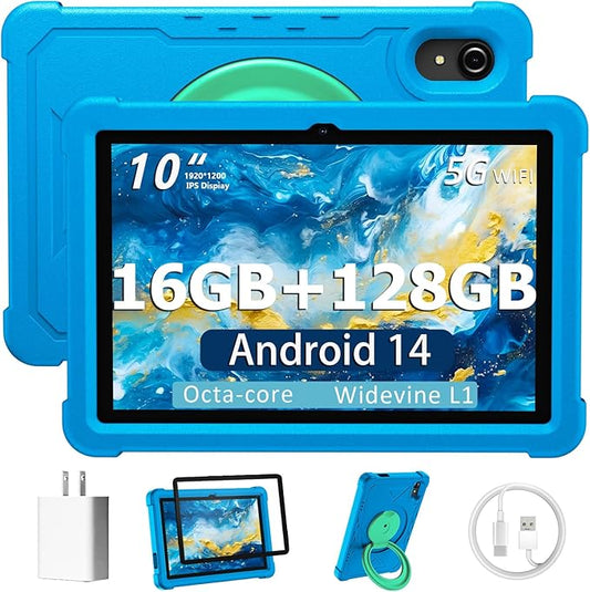 HUIHUANG Tablet 10 Inch Android 14 Tablet, 16GB RAM 128GB ROM, 1TB Expansion, Octa-core, Large Capacity Battery, 5MP + 8MP Dual Camera, 5G/2.4G WiFi, Bluetooth 5.0, GPS, Drop-Proof Case (Blue)-BubblyBeeBaby