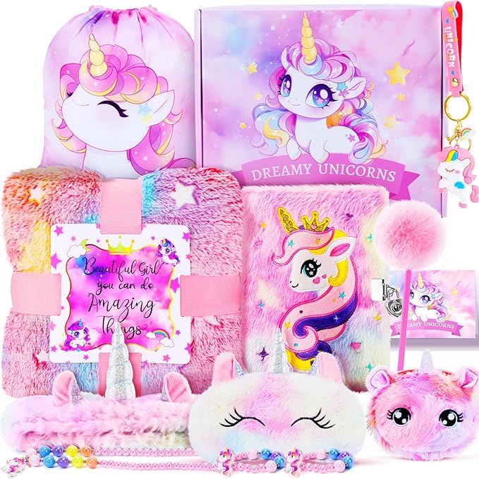 13PCS Unicorns Gifts for Girls Kids Toys 3 4 5 6 7 8 9 10 Years Old with Stationery Plush Diary with Lock/Glowing Blanket/Eye Mask/Crossbody Bag Teen Girl Birthday Christmas Unicorn Toy-BubblyBeeBaby