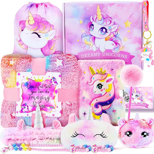 13PCS Unicorns Gifts for Girls Kids Toys 3 4 5 6 7 8 9 10 Years Old with Stationery Plush Diary with Lock/Glowing Blanket/Eye Mask/Crossbody Bag Teen Girl Birthday Christmas Unicorn Toy-BubblyBeeBaby