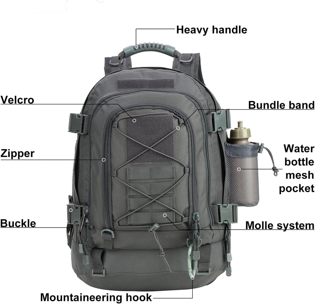 Large Tactical Backpack for Men Military Backpack with DIY System for Travel, Work,Camping,Hunting,Hiking,Sports (GRAY)
