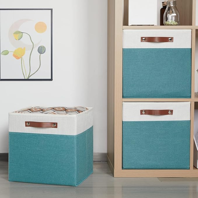 HNZIGE Fabric Storage Bins for Shelves 13x13 Storage Cubes Set Of 4 Foldable Storage Baskets with Handles for Organizing Cloth Closet Toy Nursery(Teal&White)-BubblyBeeBaby