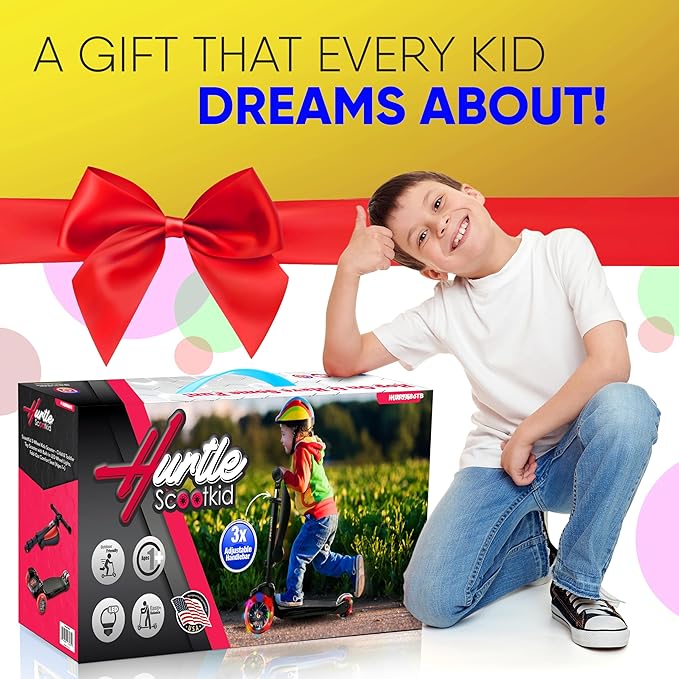 Hurtle 3-Wheeled Scooter for Kids - Wheel LED Lights, Adjustable Lean-to-Steer Handlebar, and Foldable Seat - Sit or Stand Ride with Brake for Boys and Girls Ages 1-14 Years Old-BubblyBeeBaby
