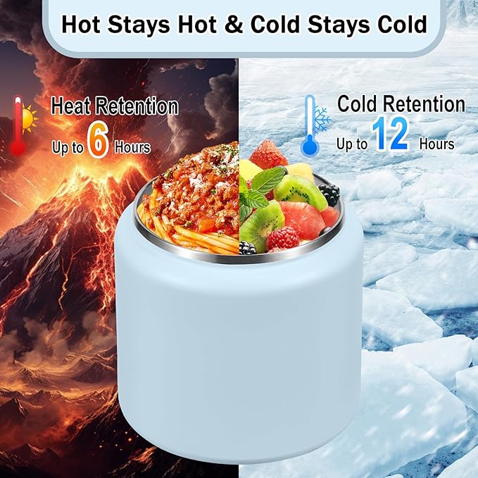 26oz Kids Thermos for Hot Food, Insulated Vacuum Food Jar with Buckle Lid, Stainless Steel Wide Mouth Leak Proof Insulated Lunch Container for School Picnic Travel, Blue-BubblyBeeBaby