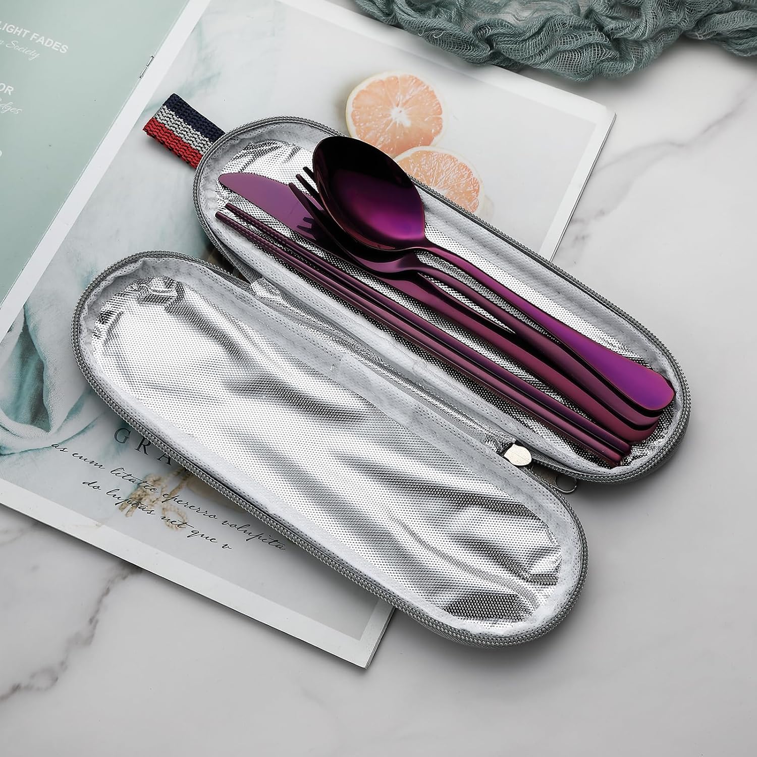 DEVICO Camping Utensils, Portable Travel Utensils with Case, Stainless Steel Reusable Silverware for Lunch Adult, 5Pcs Cutlery Set Includes Knife Spoon Fork Chopsticks and Case (Purple)