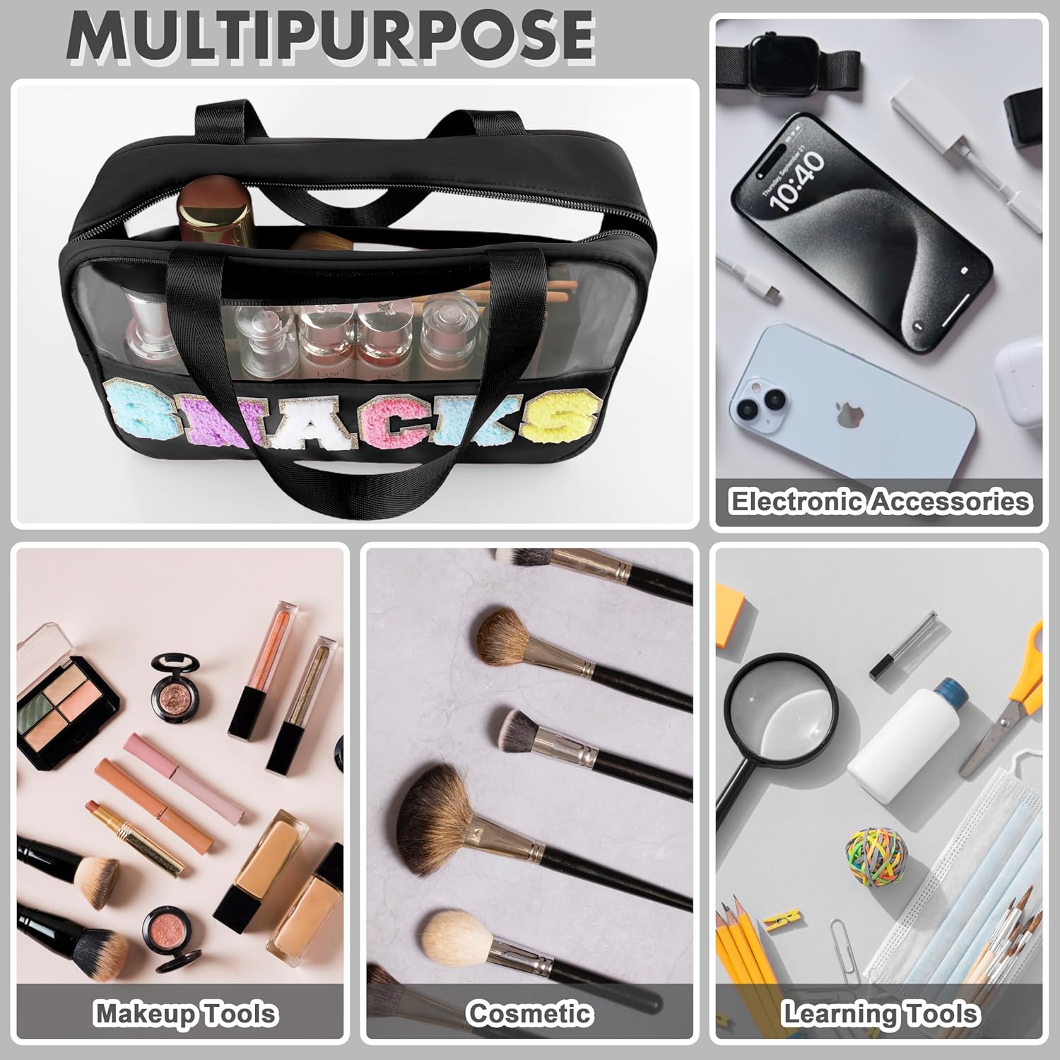 Snack Bag for Travel - Chenille Letter Clear Makeup Bag, Large Preppy Patch Snack Cosmetic Bag with Handle and Zipper, Cute Makeup Pouch Nylon&PVC Waterproof Toiletry Organizer Storage for Women