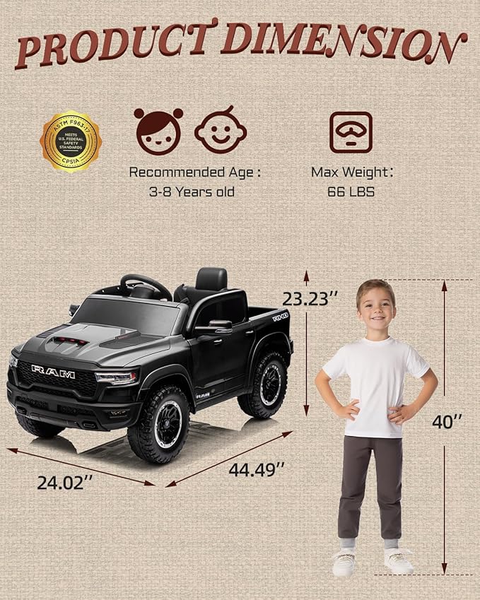12V Licensed Ram 1500 Ride on Toy for Kids, Toddler Ride on Pickup Truck with Parent Remote Control, Electric Car for Kids with Truck Bed Storage, 3 Point Safety Belt (Black)-BubblyBeeBaby