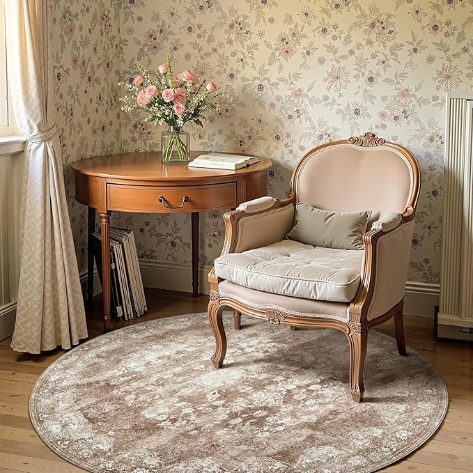 jinchan Round Rug 5ft Area Rug - Brown Vintage Floor Mat Kitchen Indoor - Washable Circle 5' Thin Floral Print Carpet Retro Farmhouse Non Slip Dining Room Living Room Bedroom Office-BubblyBeeBaby