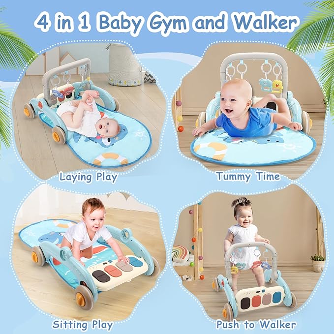 2 in 1 Baby Play Gym with Walker for Newborn, Baby Play Mat Activity Gym with 4 Infant Learning Sensory Tummy Time Mat for Infant Christmas Gifts Adjustable Height (Blue)-BubblyBeeBaby
