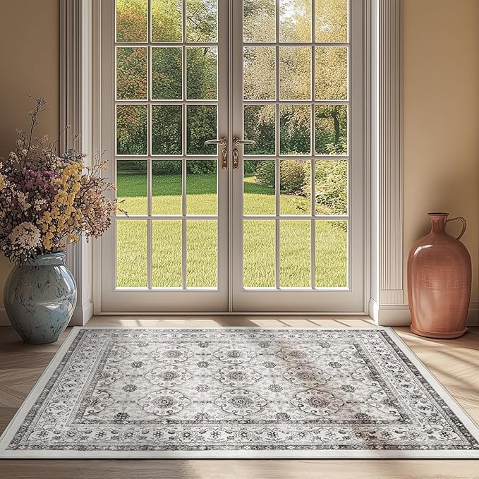 jinchan Floral 3x5 Area Rugs for Entryway - Beige Vintage Distressed Design Doormat Non-Slip Ultra-Thin Low Pile Boho Rug for Kitchen Living Room Bedroom Farmhouse (3‘x5',Beige)-BubblyBeeBaby