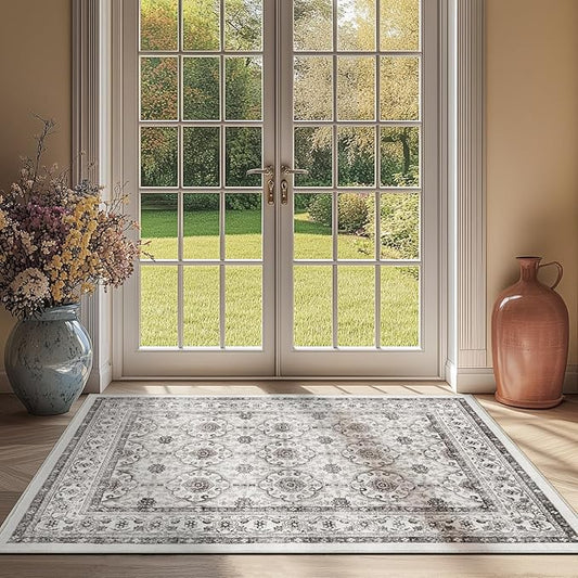 jinchan Floral 3x5 Area Rugs for Entryway - Beige Vintage Distressed Design Doormat Non-Slip Ultra-Thin Low Pile Boho Rug for Kitchen Living Room Bedroom Farmhouse (3‘x5',Beige)-BubblyBeeBaby