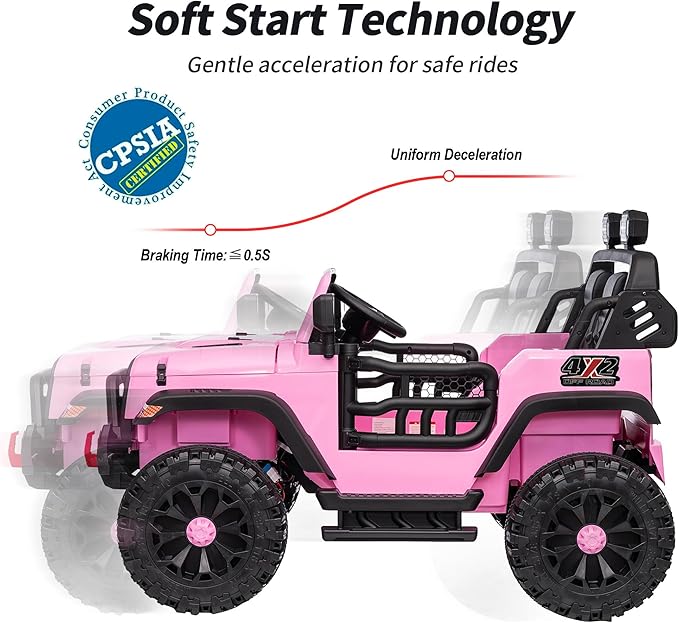 2 Seater Ride on Car Truck, 12V Kids Electric Ride on Toy for Big Kids Age 3-8 w/Remote Control- Light Pink-BubblyBeeBaby