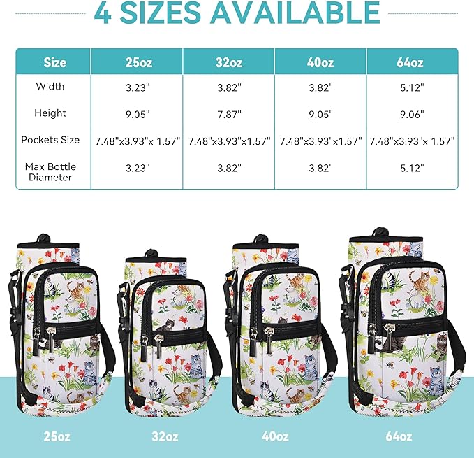 25/32/40/64oz Water Bottle Bag Holder Carrier-Insulated Crossbody Sling Case Sleeve with Strap & Pockets for Men Women Gym Cycling Travel Walking Hiking Camping-BubblyBeeBaby