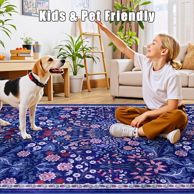 10x14 Area Rugs for Living Room: Floral Washable Rug Vintage Large Soft Boho Non-Slip Carpet Indoor Floor Stain Resistant Low Pile Carpets for Bedroom Dining Room Farmhouse Nursery Hallway Home Office-BubblyBeeBaby