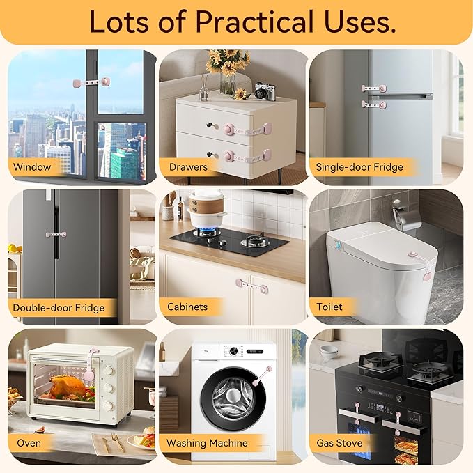 2 Pack Cabinet Locks/Refrigerator Locks Baby Proofing - Child Proof Locks for Drawer, Refrigerator, Fridge, Toilet Seat-No Screws or Tools Required (2 Pack-Pink Locks)-BubblyBeeBaby