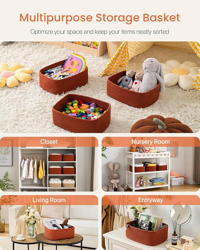 KALLAX Small Woven Basket, 13.5 x 9.5 x 5 Inches, Storage Basket for Organizing, Cute Small Rope Shelf Closet Cube Storage Bins Baskets for Shelves, Dog Toy Gift Baskets Empty, 3 Pack Rust Red-BubblyBeeBaby