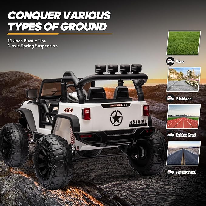 24V 9Ah Ride on Toy for Big Kids, 4WD 2 Seater Ride on Car Truck with Remote Control, 4x200W Motor - White-BubblyBeeBaby