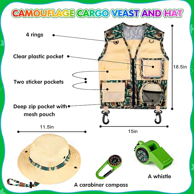 INNOCHEER Kids Explorer Kit & Bug Catcher Kit & Safari Costume Kit, Outdoor Exploration Set with Hat, Vest, Butterfly Net and Bugs Book for Boys Girls 3-12 Years Old (Camouflage Green)-BubblyBeeBaby