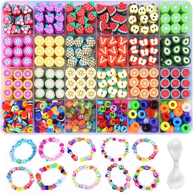 1000PCS Polymer Clay Beads Bracelet Making kit, 24 Style Cute Fun Beads Fruit Beads Charms for Jewelry Necklace Earring Making DIY Accessories for Women Girls-BubblyBeeBaby
