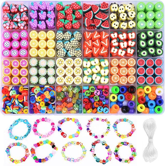 1000PCS Polymer Clay Beads Bracelet Making kit, 24 Style Cute Fun Beads Fruit Beads Charms for Jewelry Necklace Earring Making DIY Accessories for Women Girls-BubblyBeeBaby