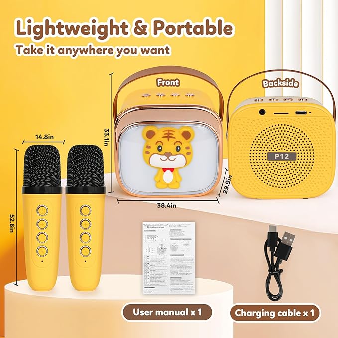 Karaoke Machine for Kids, Portable Mini Karaoke Machine with 2 Wireless Microphones, 4 5 6 7 8 9 10 Years Old Girl Boy Easter Christmas Birthday Gift Tiger Speaker Toys-BubblyBeeBaby