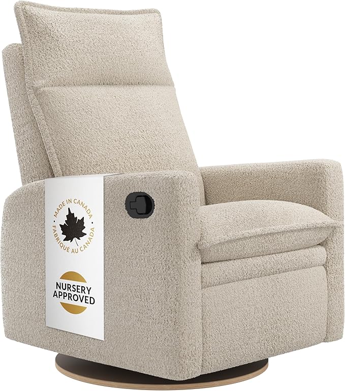 Jaymar Arya Modern Nursery Glider Recliner Chair – Cozy Nursing Chair with 360° Swivel for New Parents, Gentle Motion, Compact Design, High Back & Low Armrests, Canadian Made (Sand/Puppy Fabric)-BubblyBeeBaby