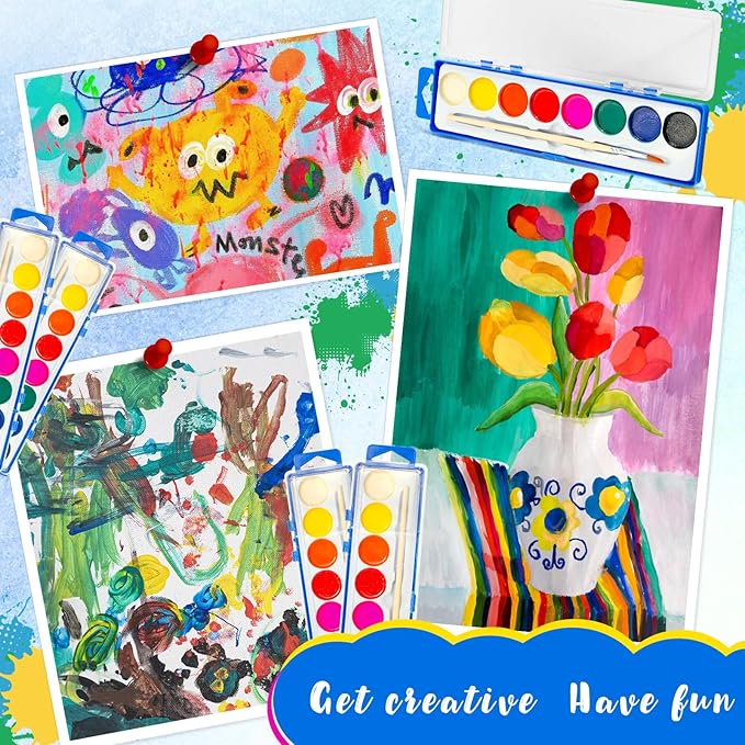 24 Pack Watercolor Paint Set for Kids - 8 Washable,Bright Colors with Paintbrush Watercolor Paint Bulk for Kids Party Favors,Classrooms Supplies,Art Lessons-BubblyBeeBaby