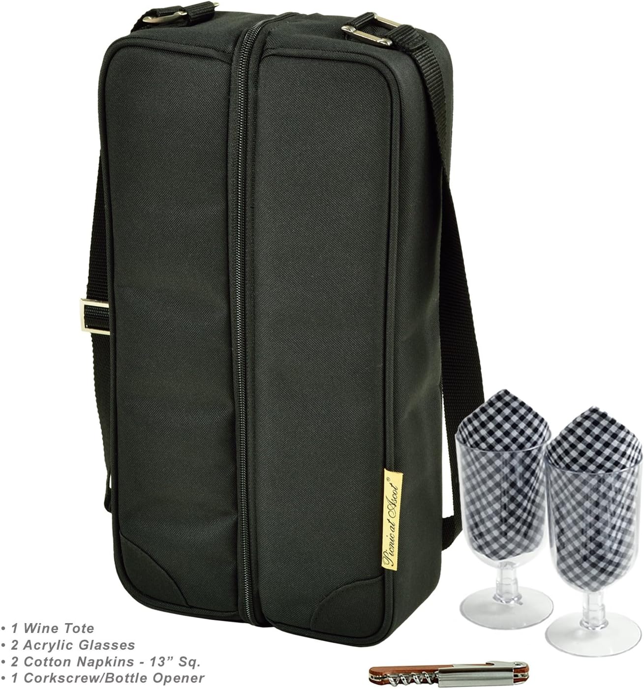 Picnic at Ascot Insulated Wine Tote with 2 Wine Glasses, Napkins and Corkscrew -Designed & Assembled in the USA