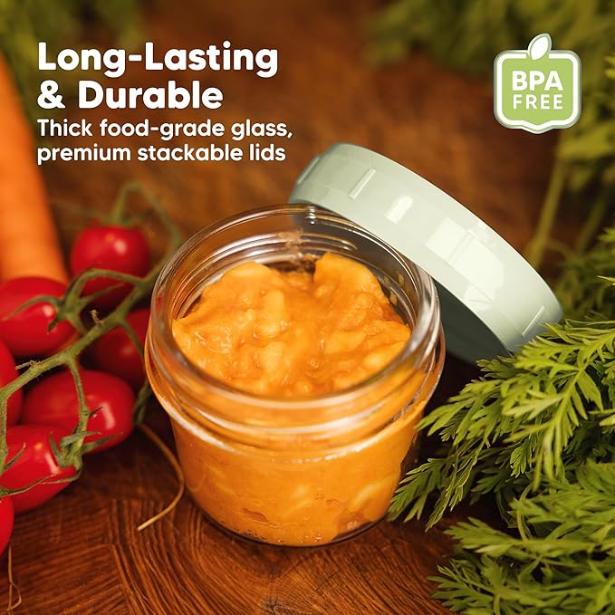 KeaBabies 12pk 4oz Glass Baby Food Containers with Lids - Leak-Proof, Microwavable Small Glass Jars, Baby Purees & Toddler Snack Storage Containers, BPA-Free, Dishwasher & Freezer Safe (Sage)-BubblyBeeBaby