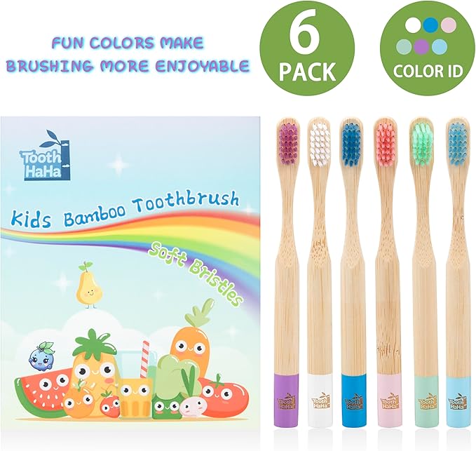 Kids Bamboo Toothbrushes, BPA-Free Soft Bristles, Eco-Friendly Natural Wooden Toddler Toothbrush, 6-Pack Travel Toothbrushes Set for Children-BubblyBeeBaby