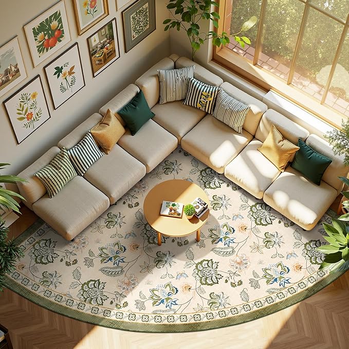 jinchan Floral Corner Rug for Living Room Washable Bedroom Rug Vintage Romance Design Non Slip Quarter Circle Lightweight Low-Pile Throw Carpet for Reading Nook Playroom,8ft Radius, Green/Beige-BubblyBeeBaby