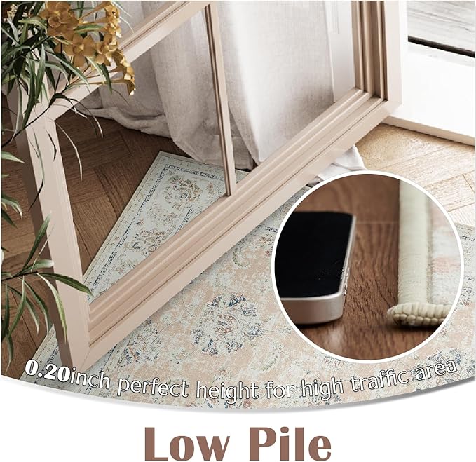 jinchan Washable Area Rug 5x7 Ultra-Thin Low Pile Non Slip Stain Resistant Soft Faux Wool Spring Floral Distressed Vintage Carpet for Bedroom,Living Room,Dining Room,Kitchen,Nursery(Pink, 5' x 7')-BubblyBeeBaby