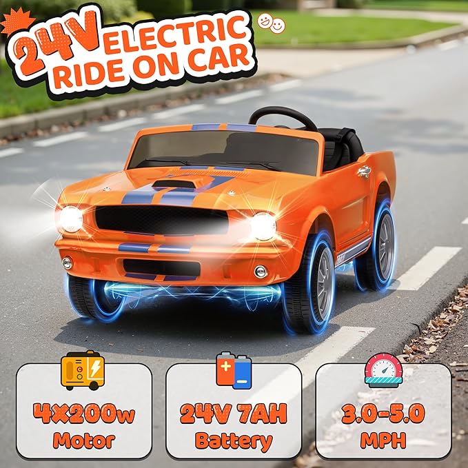 24V 2 Seater Ride on Toys, Licensed Shelby Cobra Kids Power Car Wheeler Ride On Toy w/ 2WD/4WD Switchable, Remote Control, 19" Spacious Seat, 4 Spring Suspension, Music, Bluetooth-BubblyBeeBaby