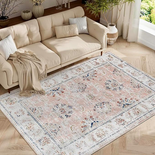 jinchan Washable Area Rug 5x7 Ultra-Thin Low Pile Non Slip Stain Resistant Soft Faux Wool Spring Floral Distressed Vintage Carpet for Bedroom,Living Room,Dining Room,Kitchen,Nursery(Pink, 5' x 7')-BubblyBeeBaby