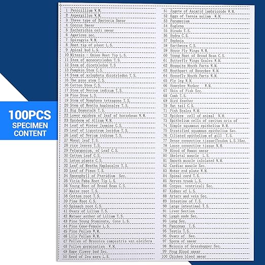100 Prepared Microscope Slides with Specimens for Kids Adults - Bacterium, Fungus, Human Tissues, Mitosis, Plants, Insects, Animals Cells Samples for Biological Science Lab, School Students-BubblyBeeBaby